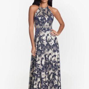 Betsy & Adam Navy Blue Gold Metallic Floral Sleeveless Halter Gown